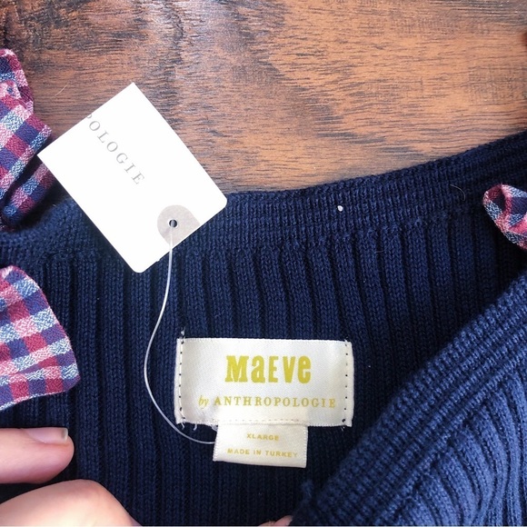 Maeve • Anthro Puff-Sleeve Mini Dress ribbed sweater gingham sleeves button - Picture 4 of 14